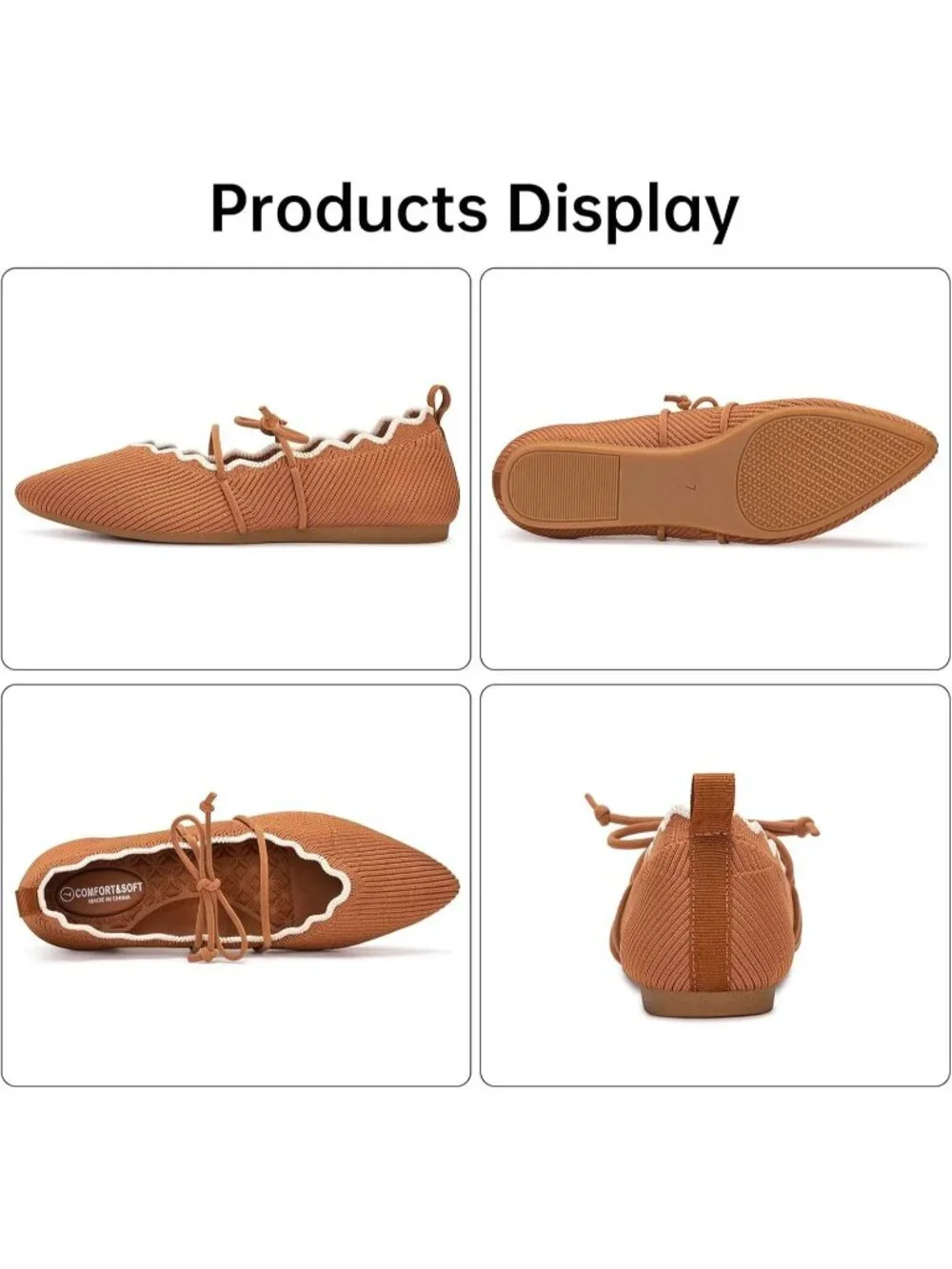 Women's Tan Rubber Knitted Slip On Pointed Toe with Ruffled Vamp Elastic Flats